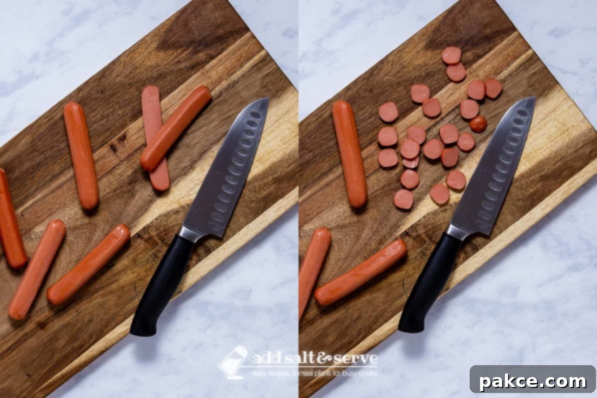 Franks and Beans 4 Composite photo showing hot dogs sliced lengthwise on the left, and hot dogs chopped crosswise on the right, for different textures in the baked franks and beans recipe.