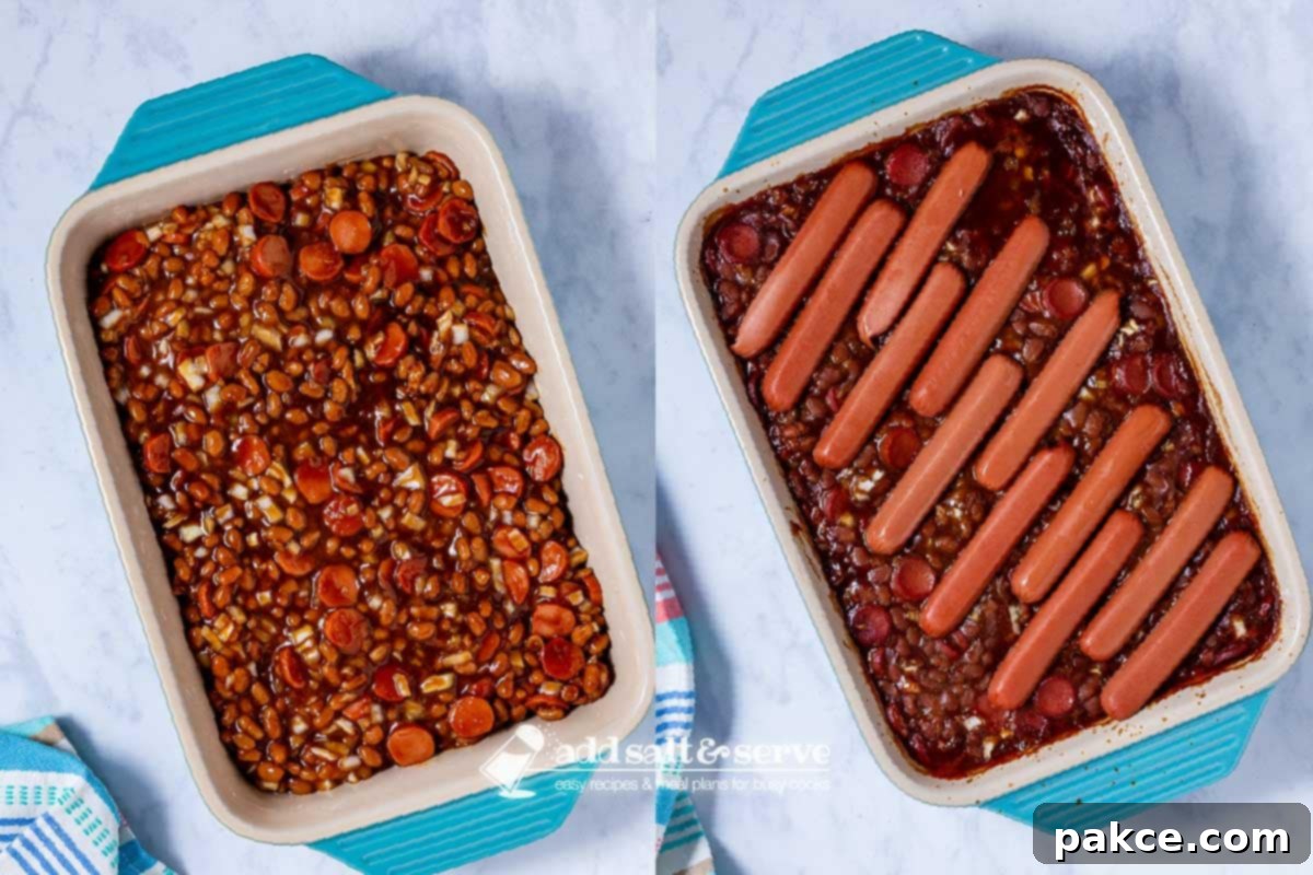 Franks and Beans 6 Composite photo showing the mixed beans and chopped hot dogs in a casserole dish before baking, and on the right, the dish topped with lengthwise sliced hot dogs, ready for the final baking stage.
