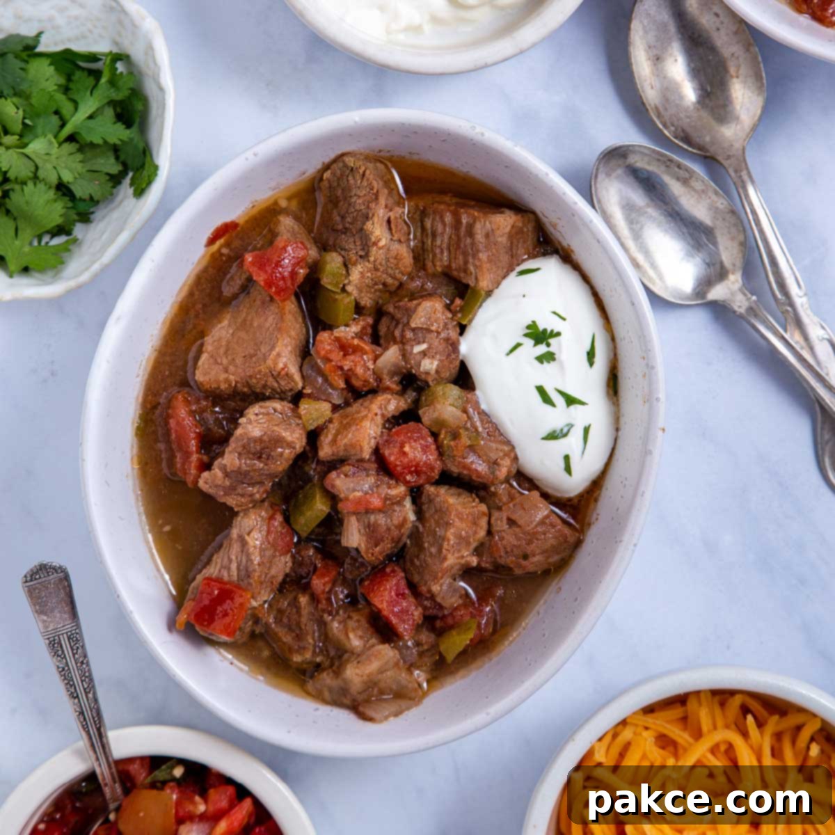 Overhead view of Carne Guisada made in the crock pot.