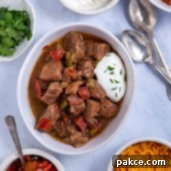 Effortless Slow Cooker Carne Guisada 9 Overhead view of Carne Guisada made in the crock pot.