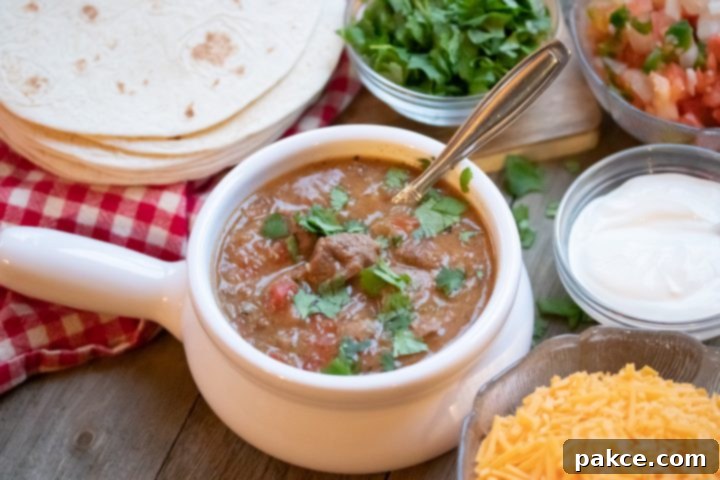 Serve carne guisada with tortillas, sour cream, pico de gallo, shredded cheese, and cilantro