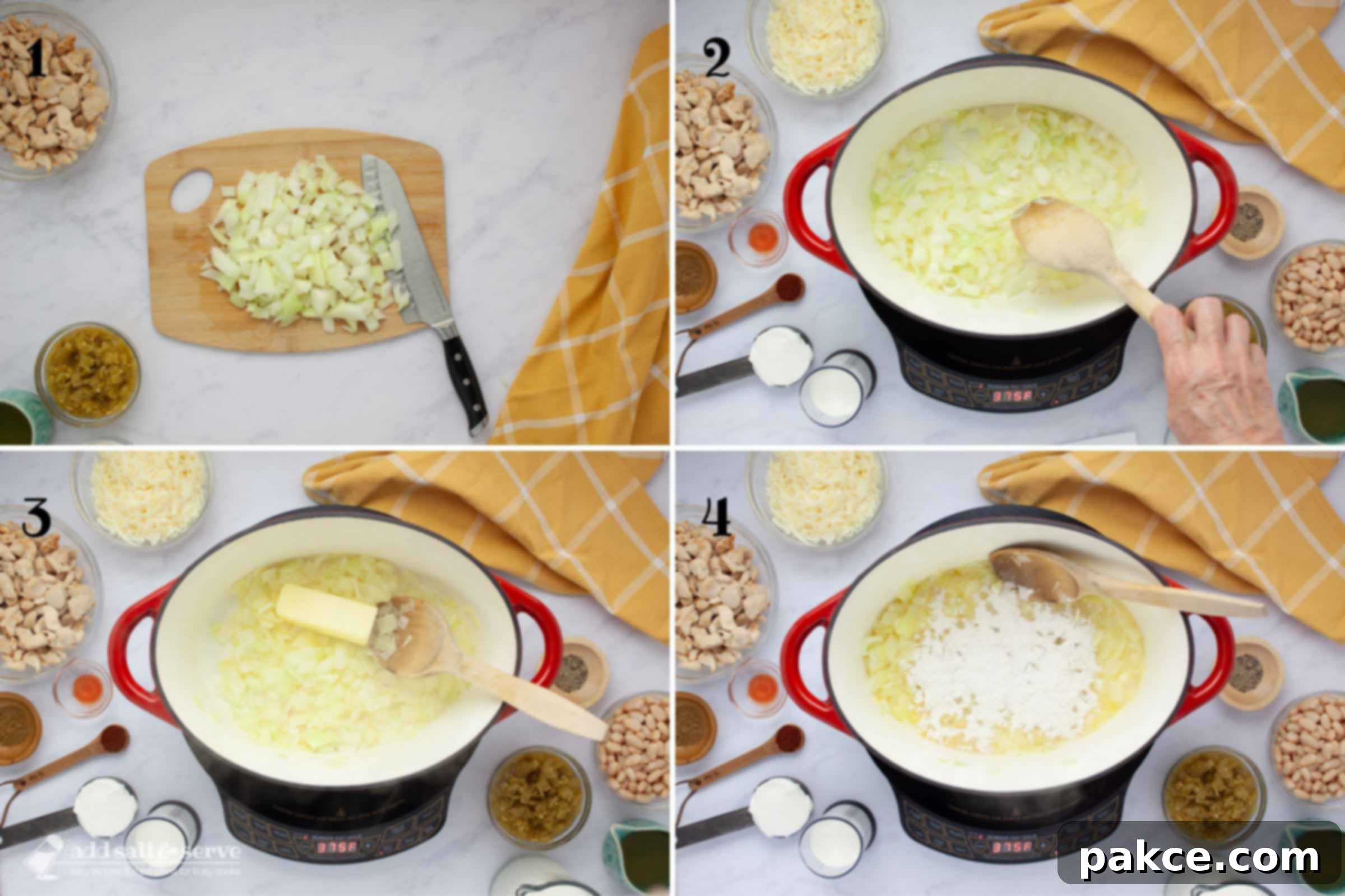 30-Minute Stovetop Creamy White Chicken Chili 4 Composite image: 1- chopped onions; 2 - sautéing onions in a soup pot; 3 - adding butter to sautéed onions; 4 - adding flour to pot.