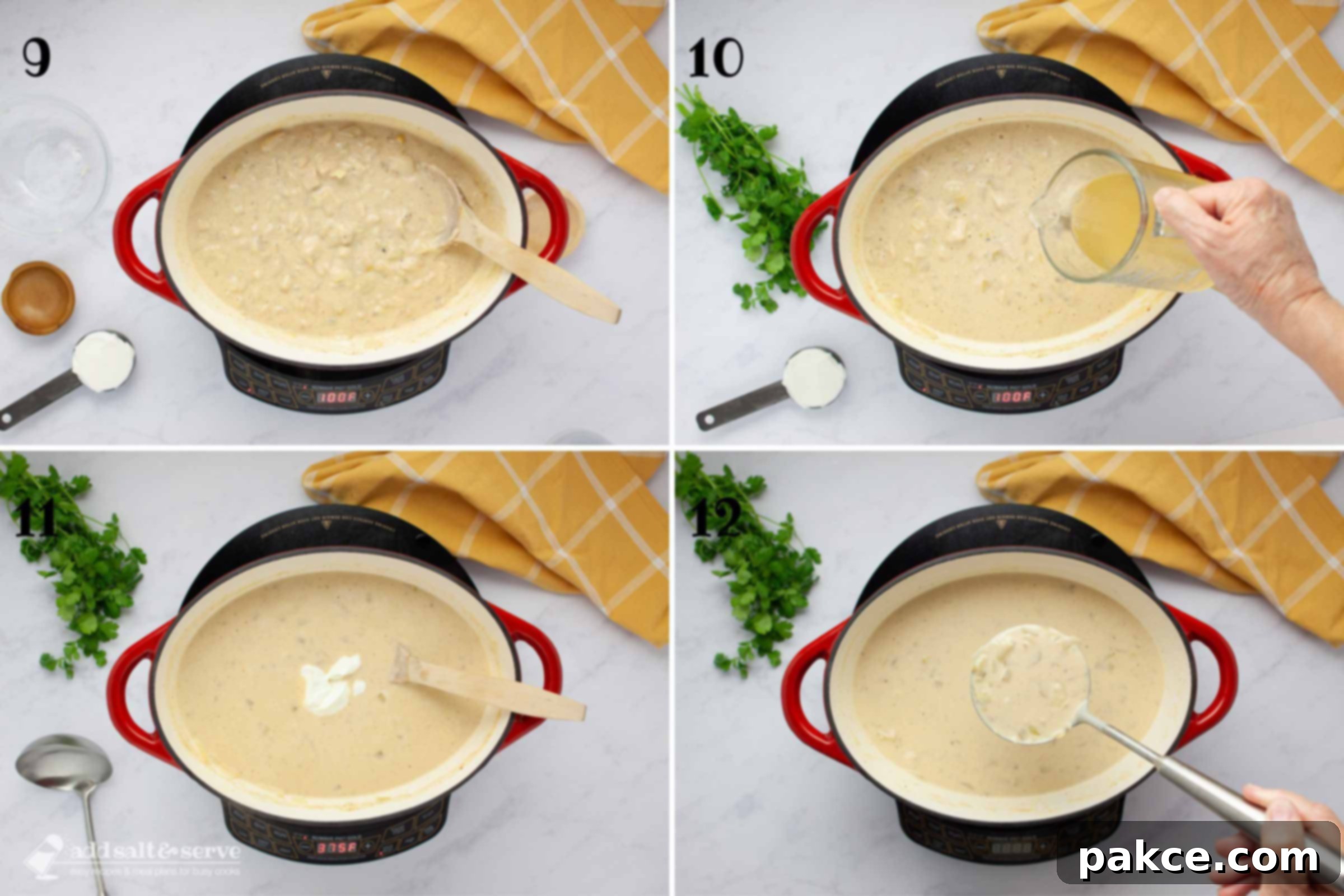30-Minute Stovetop Creamy White Chicken Chili 6 Composite image: 9 - soup pot after stirring in cheese; 10 - adding broth to thin; 11 - adding sour cream; 12 - scooping soup out of pot with a ladle.
