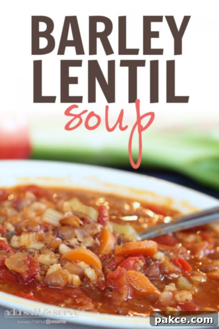 A beautiful Pinterest-optimized image showcasing a comforting bowl of Barley Lentil Soup. The text on the image reads 