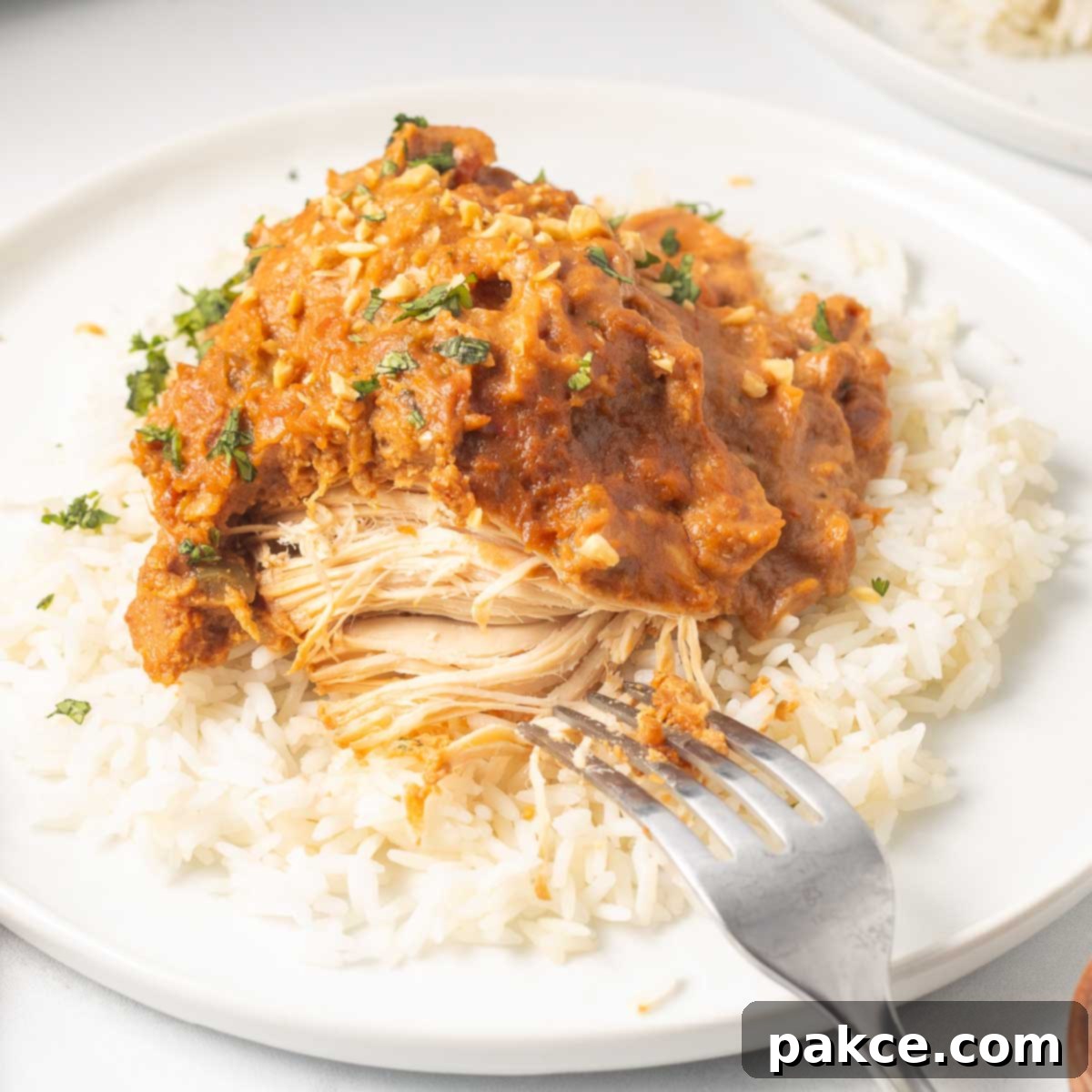 Plated slow cooker Thai Peanut Chicken over rice garnished with chopped peanuts and cilantro with a fork cutting into the chicken showing white breast meat.