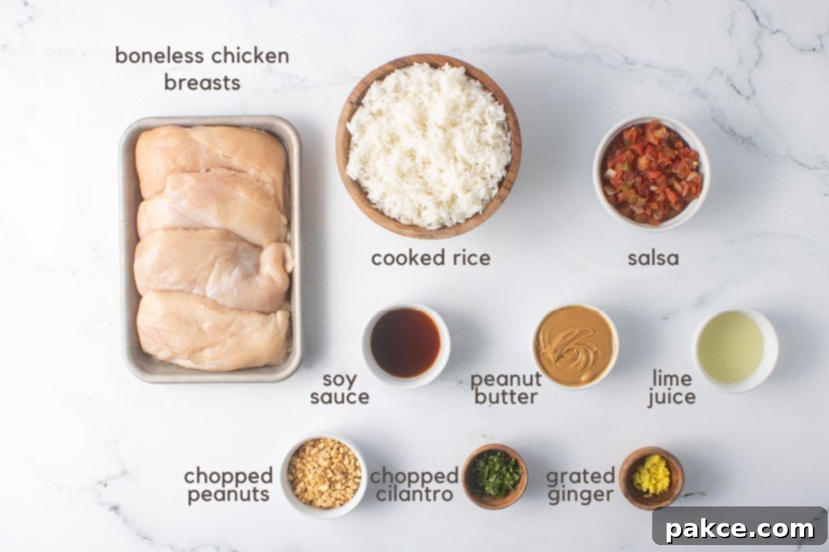 Creamy Slow Cooker Thai Peanut Chicken 3 Ingredients for Slow Cooker Thai Peanut Chicken: Uncooked chicken breasts, chopped peanuts, cilantro, peanut butter, salsa, soy sauce, grated ginger, lime juice, and cooked rice.