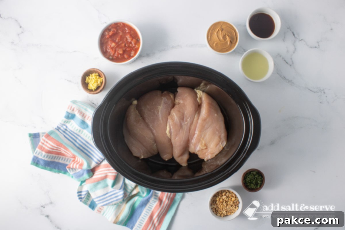Creamy Slow Cooker Thai Peanut Chicken 4 Uncooked chicken breasts in a slow cooker surrounded by small bowls of chopped peanuts, cilantro, peanut butter, salsa, soy sauce, grated ginger, and lime juice.
