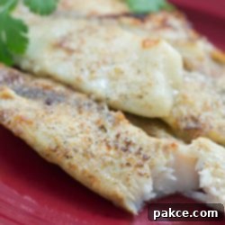 Golden Parmesan Tilapia 3 Close-up of a broiled tilapia fillet with a golden Parmesan crust, garnished with fresh parsley.