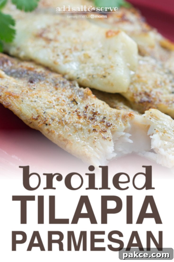Broiled Tilapia Parmesan dish, garnished with fresh parsley on a red plate, with text reading 'Add Salt & Serve formerly Menus4Moms Broiled Tilapia Parmesan' for Pinterest sharing.