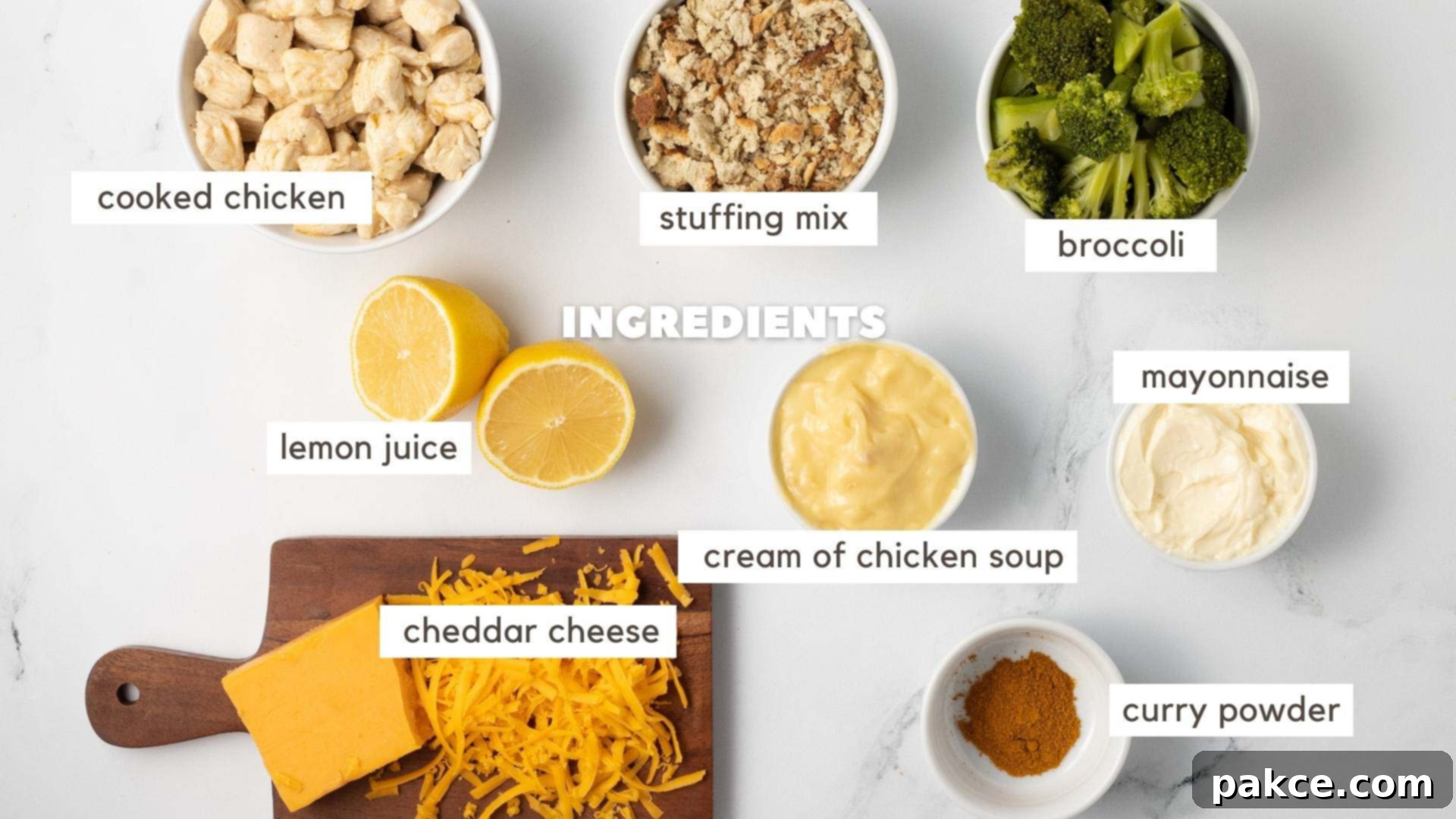 Curried Chicken Divan 3 Ingredients for Chicken Divan with Curry: cooked chicken, stuffing mix, broccoli, lemon juice, cream of chicken soup, mayonnaise, cheddar cheese, and curry powder.