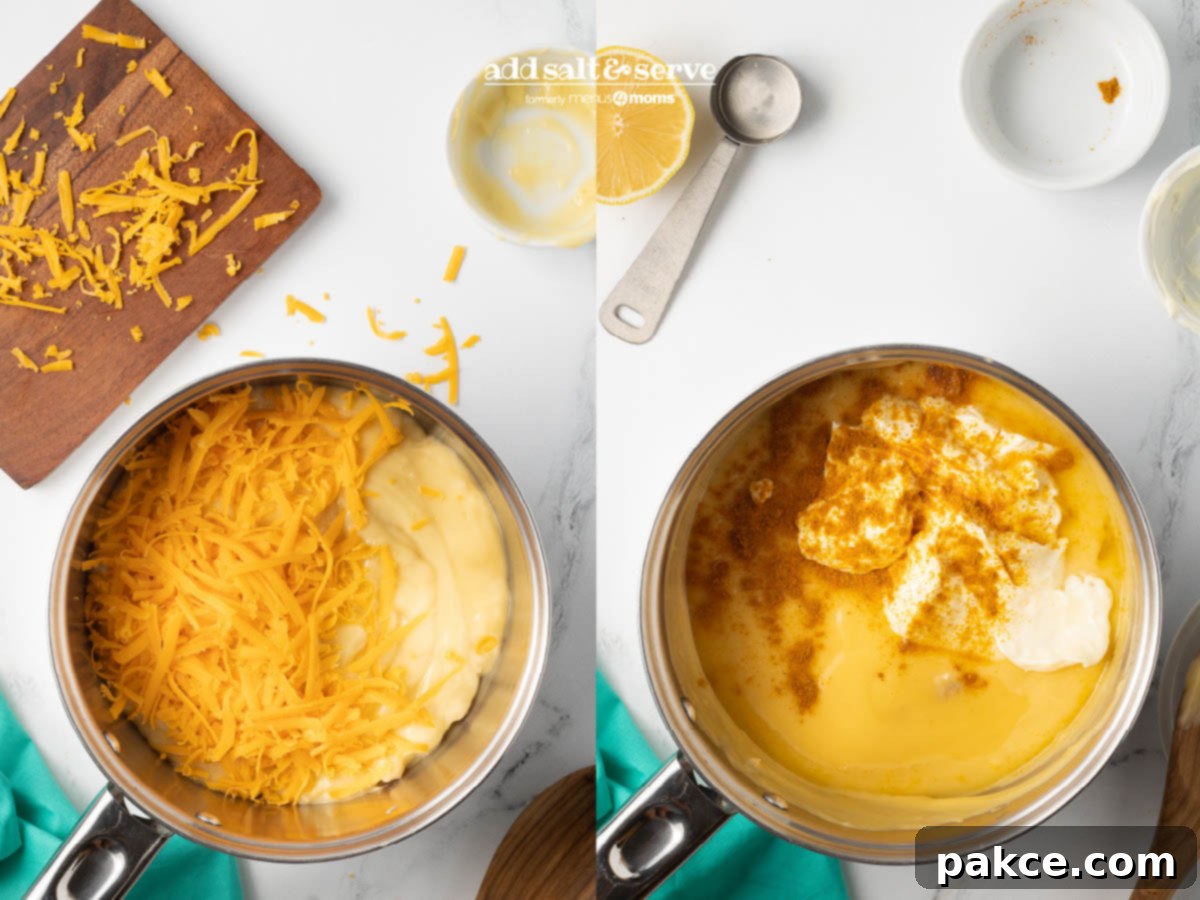 Curried Chicken Divan 4 Process for making sauce for Chicken Divan with Curry, showing a saucepan with melted cheese and soup mixture.
