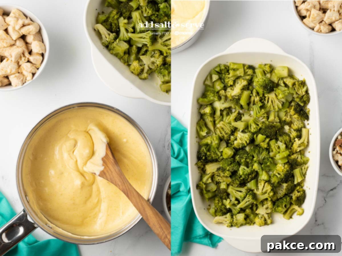 Curried Chicken Divan 5 Sauce for Chicken Divan with Curry in a bowl and a baking pan with a layer of broccoli.