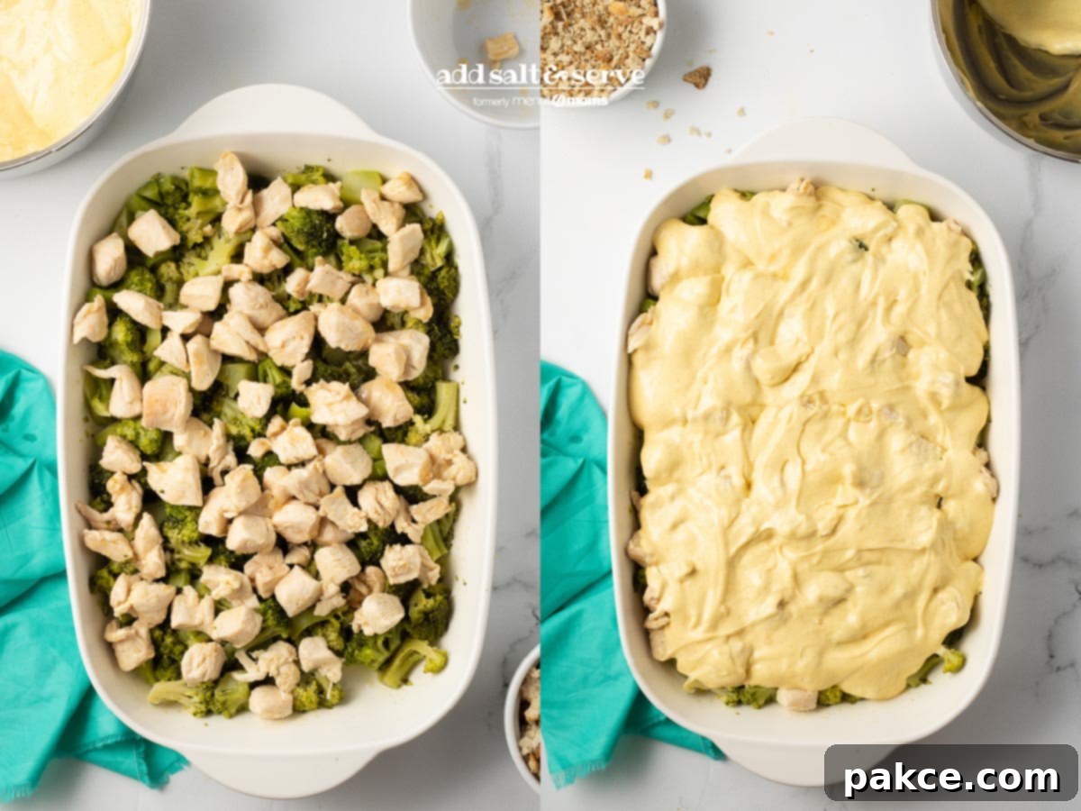 Curried Chicken Divan 6 Composite image showing layers of broccoli and chicken in a baking dish, and then topped with creamy curry sauce for Chicken Divan.