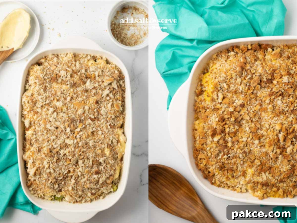 Curried Chicken Divan 7 Composite image showing Chicken Divan with Curry before and after baking, with stuffing mix topping.