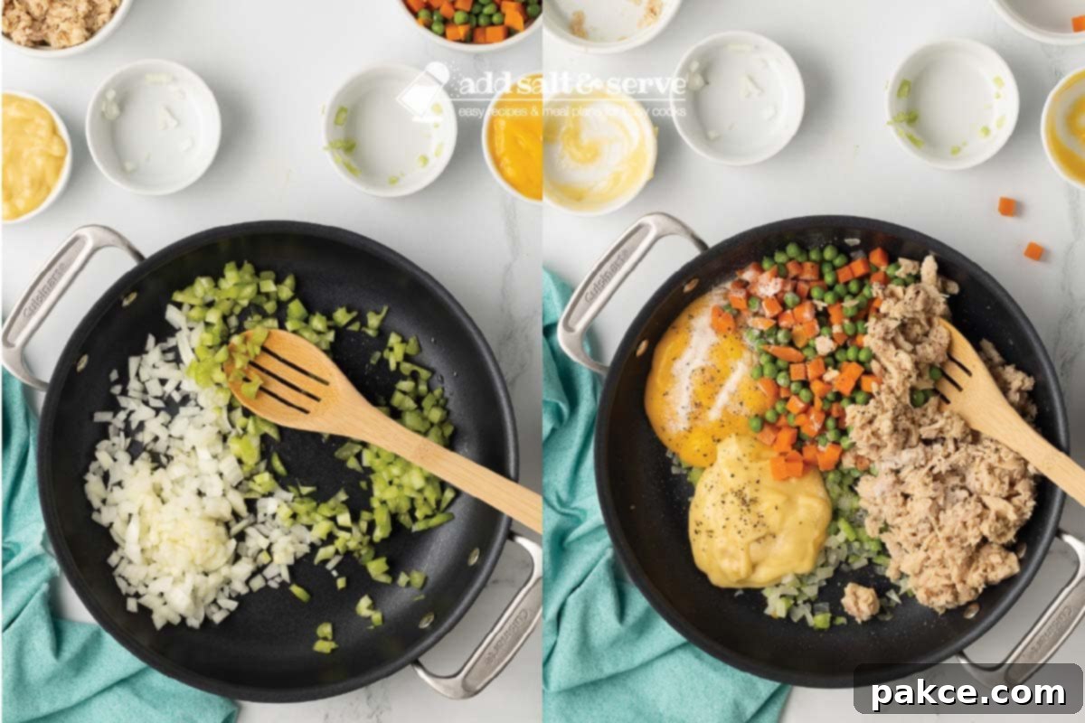 Golden Cheesy Tuna Delight 4 Composite image showing two stages of preparation: on the left, chopped onion and diced celery are sautéing in a large skillet; on the right, cream of chicken soup, cheese soup, drained tuna, peas and carrots, and seasonings have been added to the skillet and are being mixed.