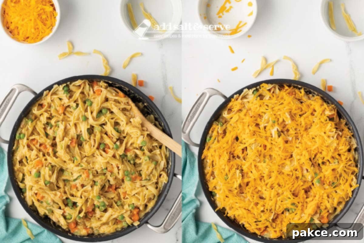 Golden Cheesy Tuna Delight 5 Composite photo showing: left side, cooked egg noodles folded into the creamy tuna mixture in an oven-proof skillet; right side, the casserole in the same skillet after being topped with a layer of shredded cheddar cheese, ready for baking.