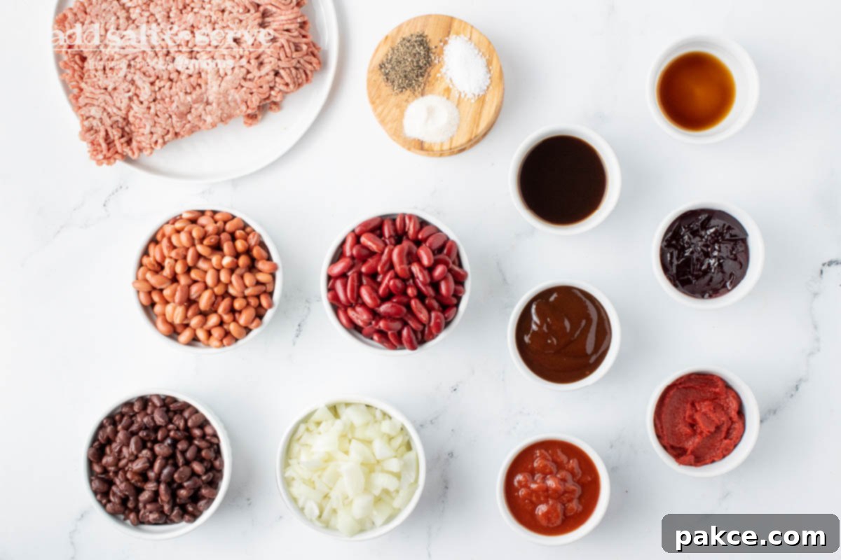 30-Minute BBQ Beef and Beans 3 Overhead shot of ingredients for beef and beans.