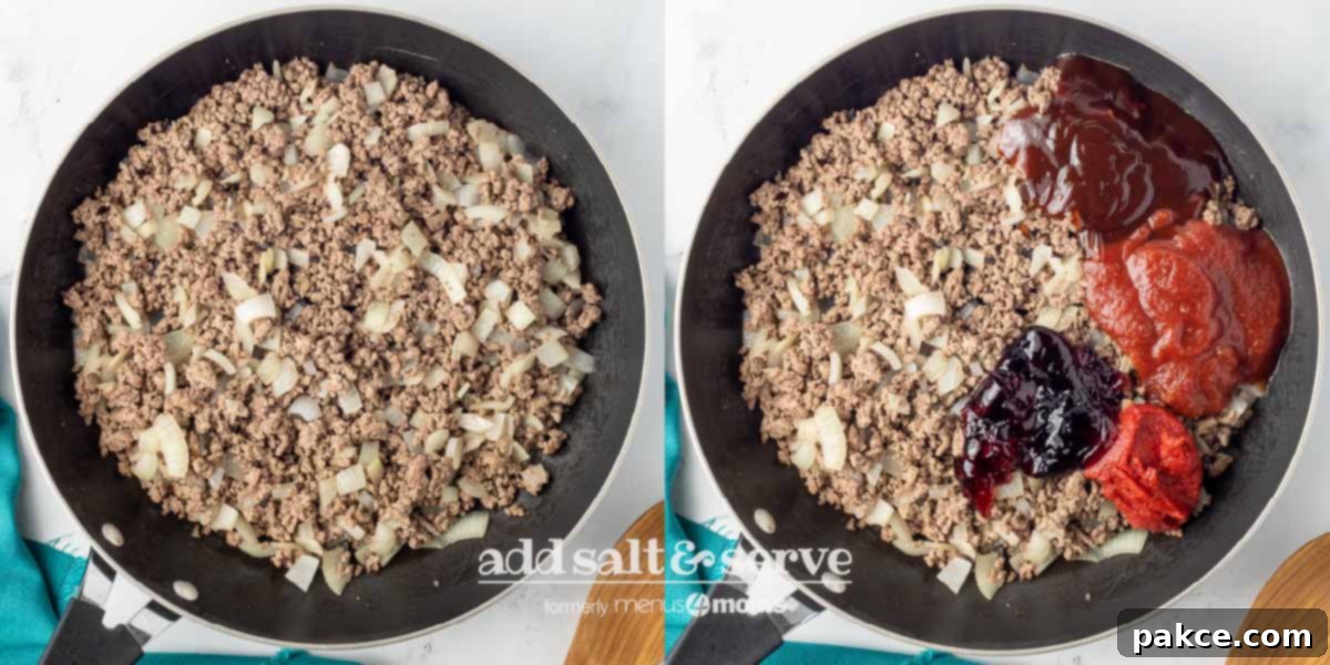 30-Minute BBQ Beef and Beans 4 Composite image of cooked ground beef and onion in a skillet on the left and with additional ingredients (grape jelly, chili sauce, barbecue sauce, and tomato paste) on the right.