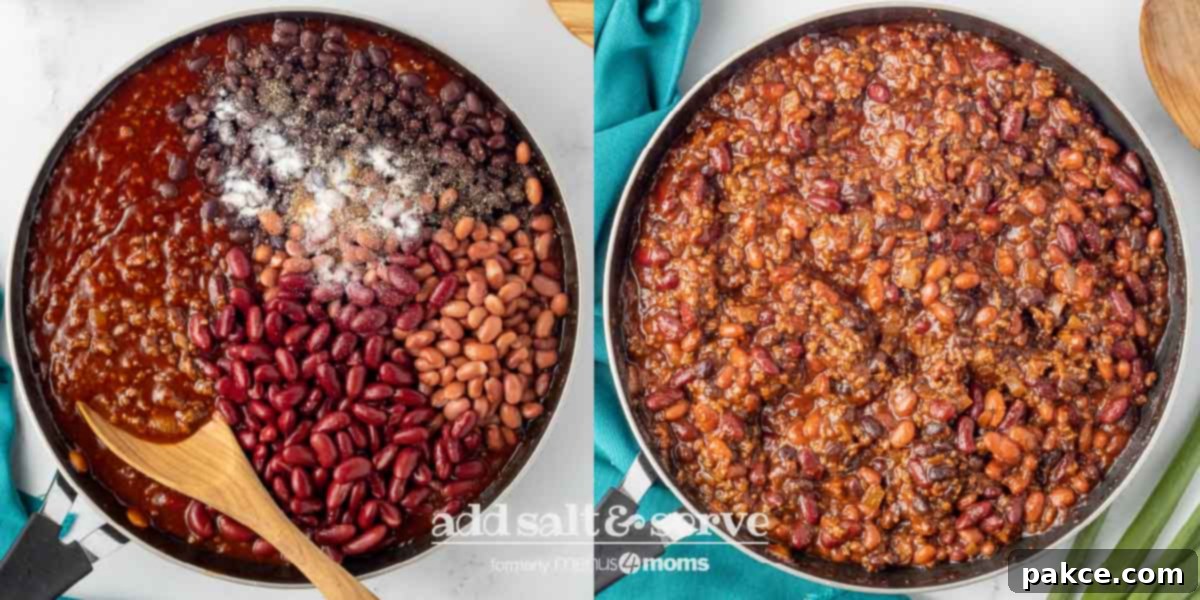 30-Minute BBQ Beef and Beans 5 composite image with beef and beans ingredients separated in a pan on left and mixed together on right.