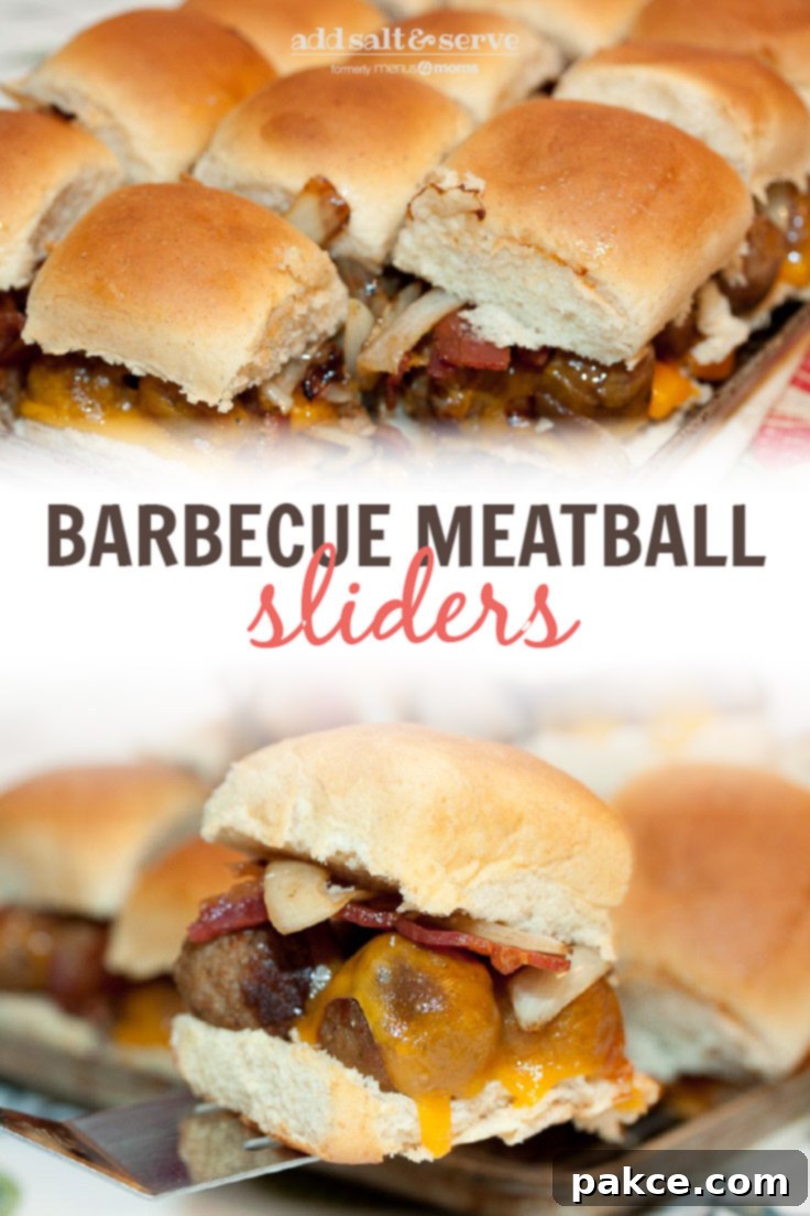 Composite image: top photo is a pan full of Barbecue Meatball Sliders. Bottom photo is a close-up of a Hawaiian roll with meatballs, melted cheddar cheese, bacon, and sautéed onions, with more sliders in the background. Text is Barbecue Meatball Slider - Add Salt & Serve logo