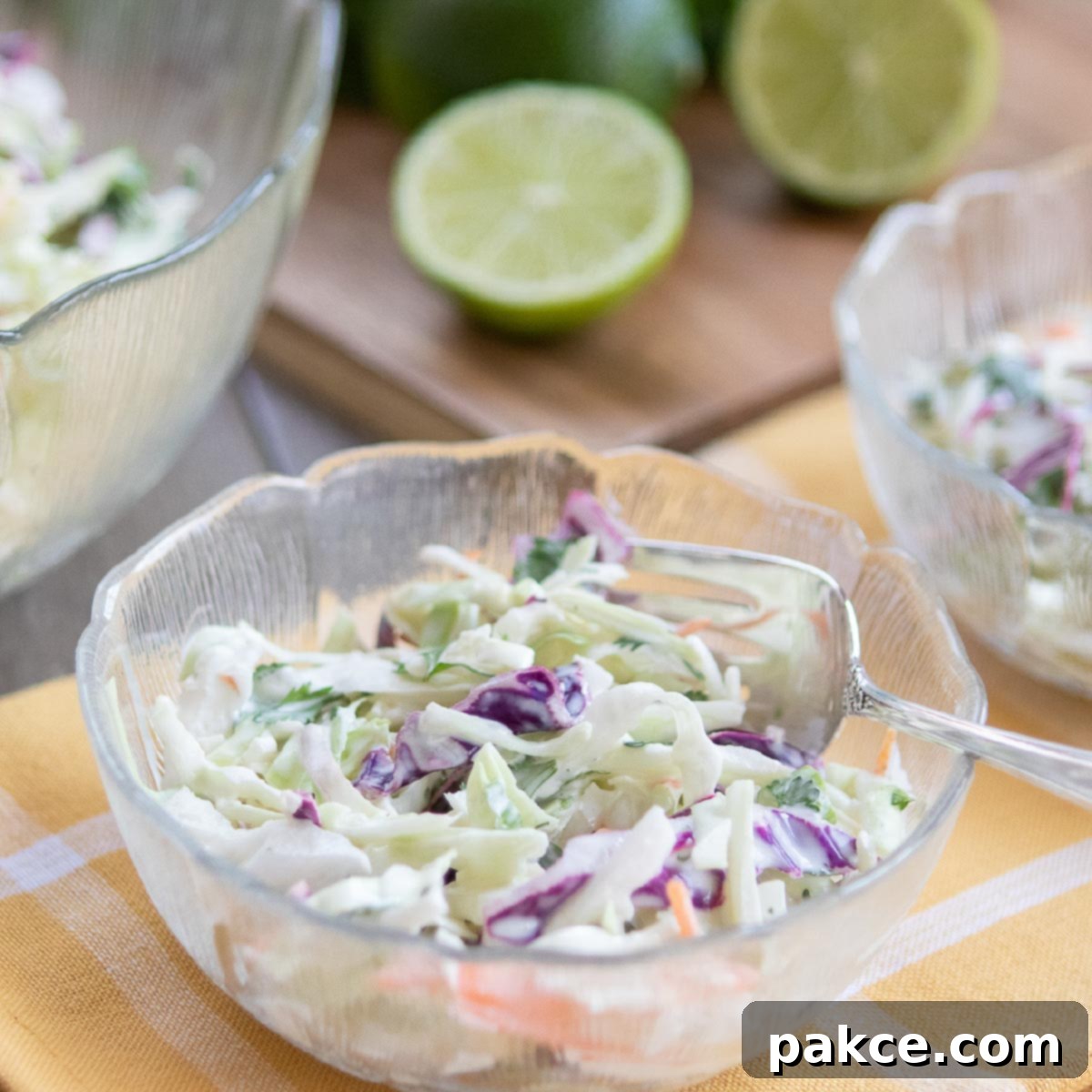 Freshly prepared Tex-Mex Cole Slaw with lime wedges and cilantro garnish