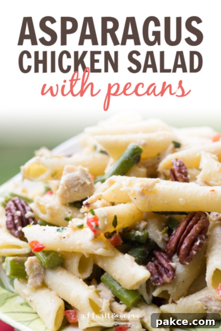 Asparagus Chicken Salad on a green and white plate; text Asparagus Chicken Salad with Pecans - Add Salt & Serve logo