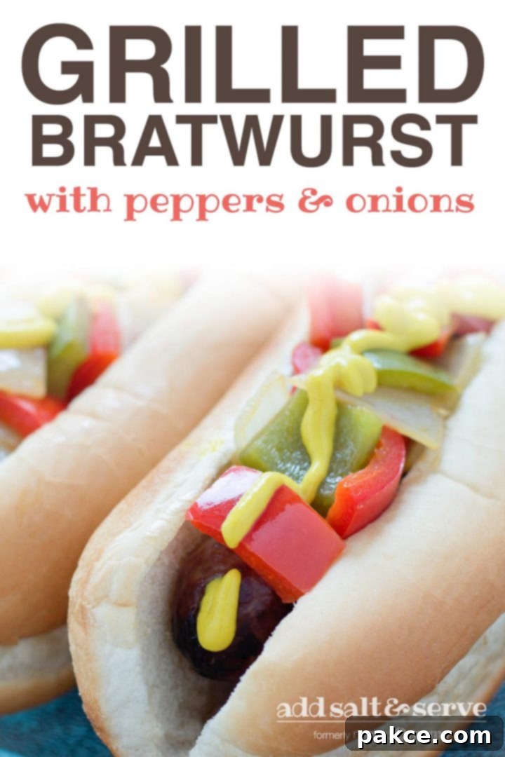 Sizzling Bratwurst Perfection 3 Bratwurst on a hotdog bun with mustard, diced red and green bell peppers and diced onions; text Grilled Bratwurst with Peppers and Onions Add Salt & Serve formerly Menus4Moms