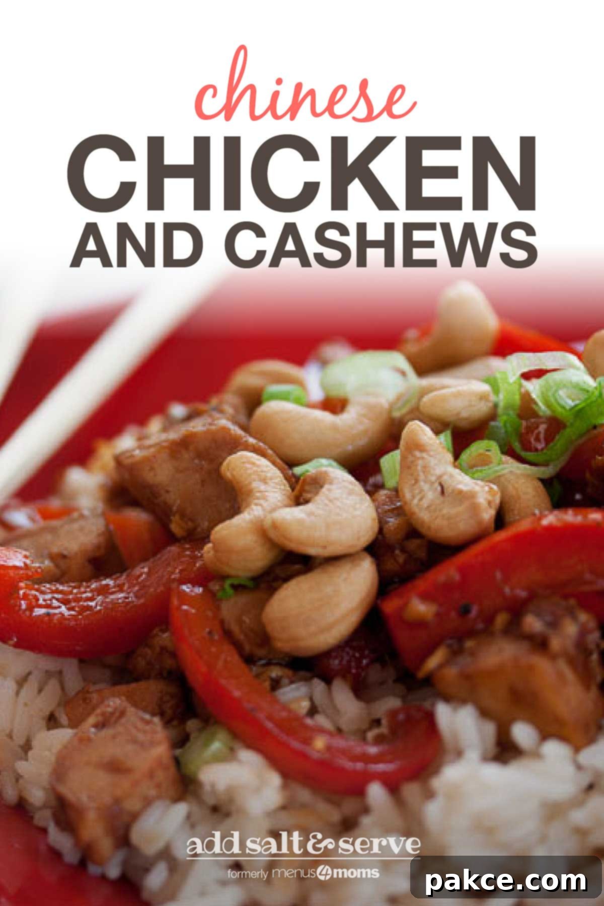 Red plate with chopsticks and rice, sliced red bell peppers, cashews, chicken, and green onions – a close-up of a delightful Chinese Cashew Chicken dish.