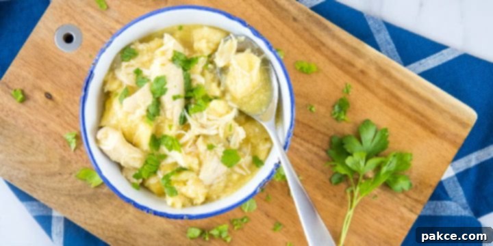 Chicken and dumplings garnished with parsley in a white bowl with a blue rim. There is a spoon with a dumpling and some broth. The bowl is on a wooden cutting board on top of a blue napkin with white stripes, all on a white marble counter.
