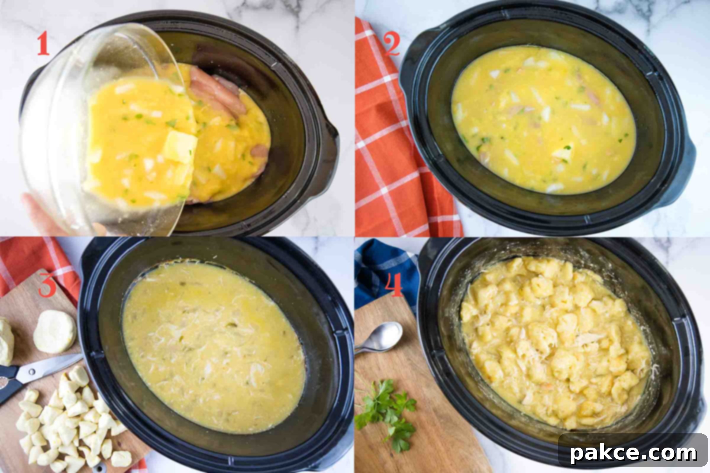 Easy Slow Cooker Chicken and Dumplings with Biscuits 2 Composite image: 1 - Mixture of butter, soup, broth, onions, and parsley being poured from a clear glass bowl over chicken breasts in a slow cooker; 2 - Mixture of butter, soup, broth, onions, parsley and chicken breasts in a slow cooker; 3 - Cooked broth and chicken mixture in a slow cooker; 4 - Cooked broth and chicken mixture in a slow cooker with uncooked pieces of refrigerated biscuits.