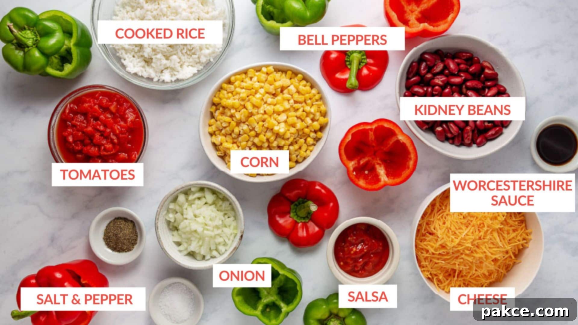 Zesty Cheesy Southwestern Stuffed Peppers 3 Ingredients for Vegetarian Stuffed Peppers: bell peppers, rice, corn, onion, kidney beans, salsa, cheese,, salt, pepper, and Worcestershire sauce.