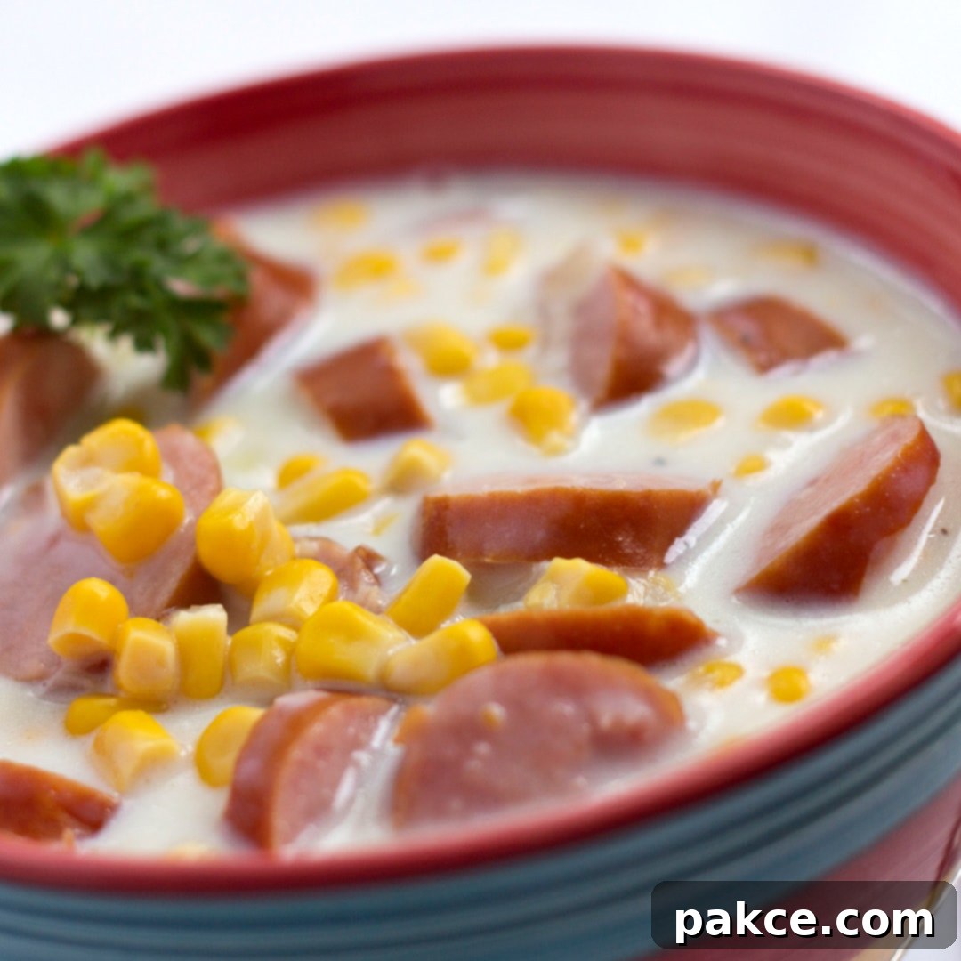 White chowder with sausage slices and corn, with a parsley garnish in a red bowl with a blue stripe