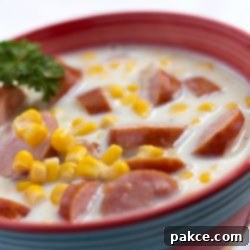 Hearty Smoked Sausage & Corn Chowder 3 White chowder with sausage slices and corn, with a parsley garnish in a red bowl with a blue stripe