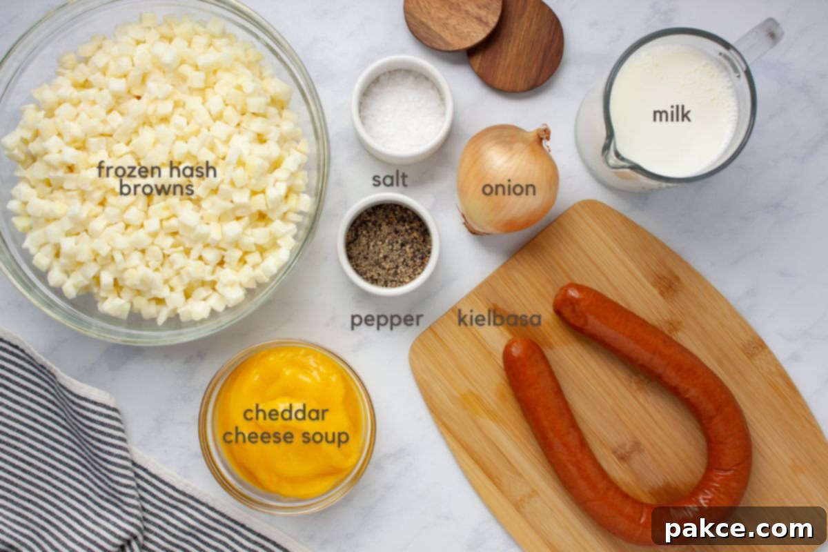 Slow Cooker Cheesy Kielbasa and Potato Soup 3 Labeled ingredients for soup: frozen hash browns, condensed cheddar cheese soup, kielbasa, onion, milk, salt and pepper.