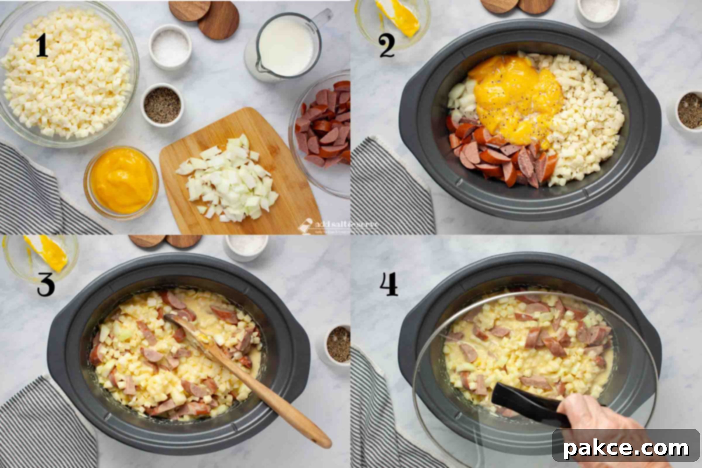 Slow Cooker Cheesy Kielbasa and Potato Soup 4 Composite photo: 1 - Ingredients for soup: frozen hash browns, condensed cheddar cheese soup, sliced kielbasa, chopped onion, milk, salt and pepper; 2 - ingredients in slow cooker before cooking; 3 - ingredients in slow cooker after stirring with a wooden spoon; 4- placing a lid on the slow cooker.