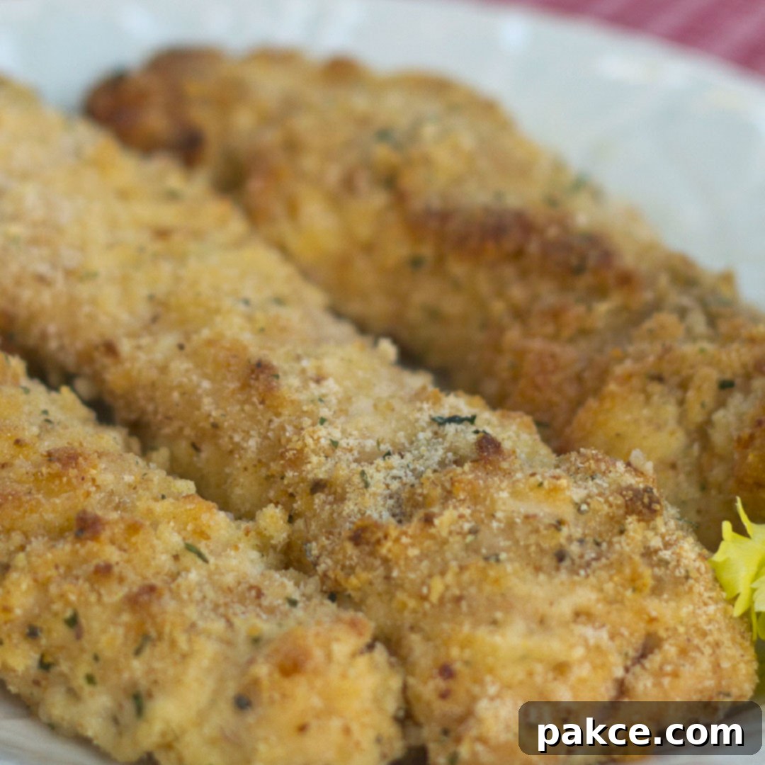 Three breaded chicken tenders on white plate