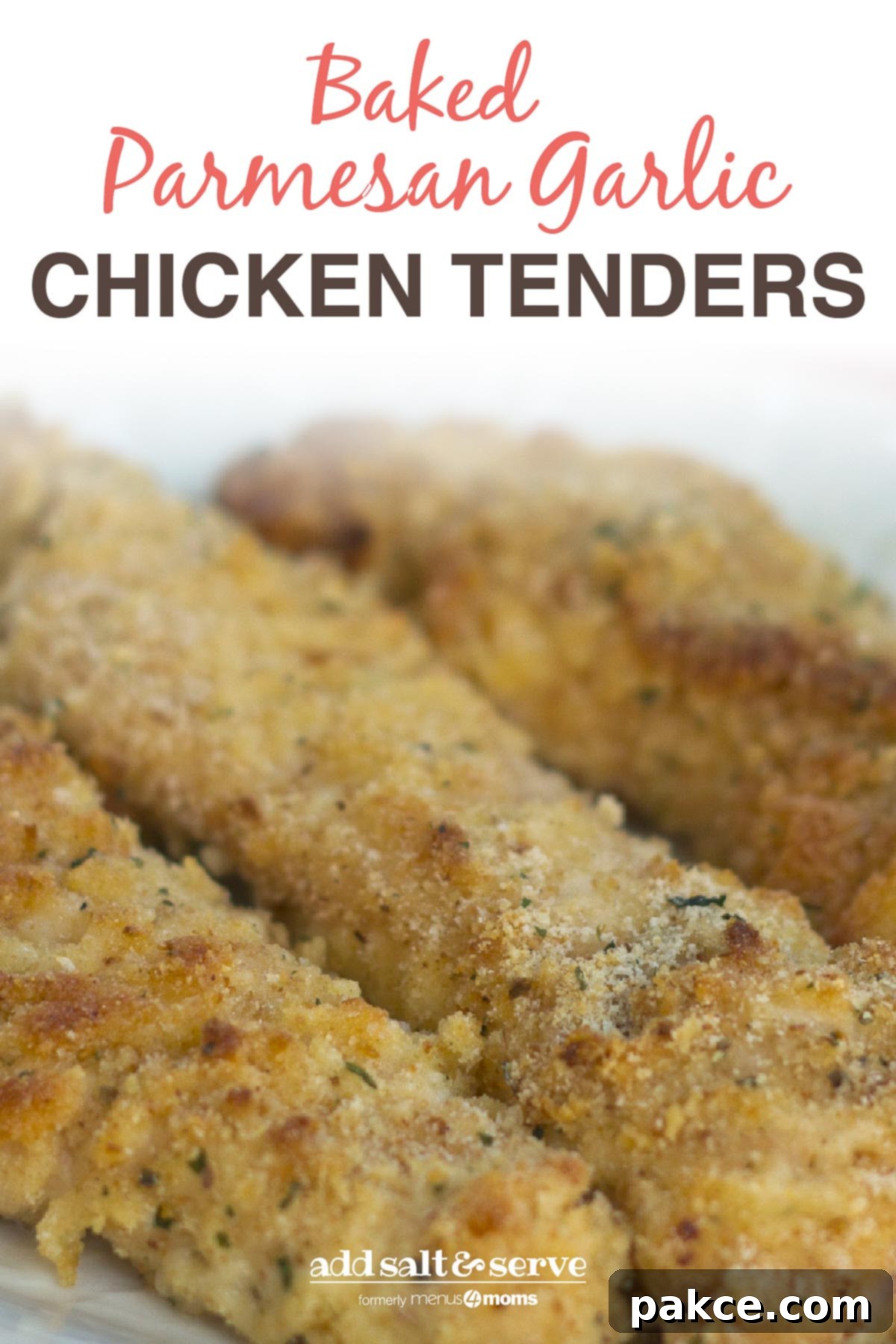 Three breaded chicken tenders on white plate