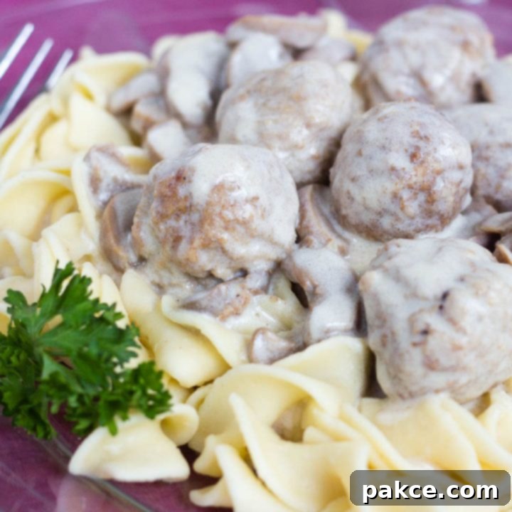 Wide egg noodles and meatballs topped with a rich mushroom sauce on a purple plate with a fork, garnished with fresh parsley for a pop of color