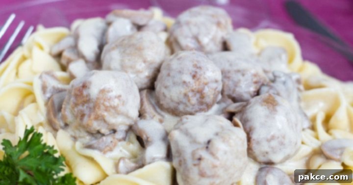 Close-up shot of wide egg noodles and tender meatballs coated in a creamy mushroom sauce, artfully arranged on a purple plate and garnished with fresh parsley