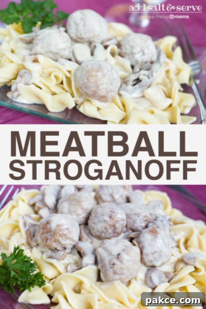 Two enticing photos showing Meatball Stroganoff over egg noodles. The top image is a close-up of a serving on a purple plate with a fork, garnished with parsley. The bottom image shows a wider shot of the dish, also on a purple plate with parsley garnish, with text 'Meatballs Stroganoff Add Salt and Serve'.