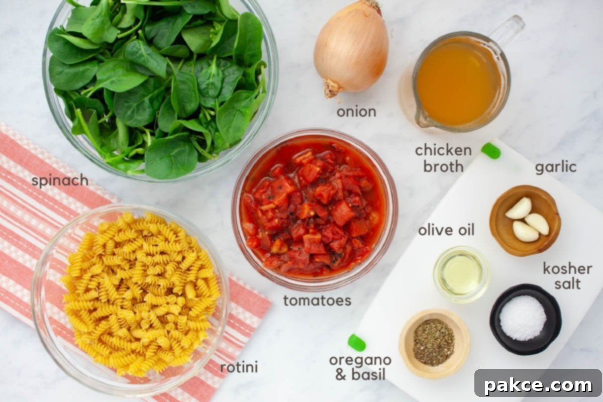 One-Pan Tomato Spinach Pasta 3 Ingredients for Tomato Basil Pasta (fresh spinach, rotini, diced fire-roasted tomatoes, an onion, chicken broth, garlic cloves, olive oil, basil and oregano, and kosher salt).