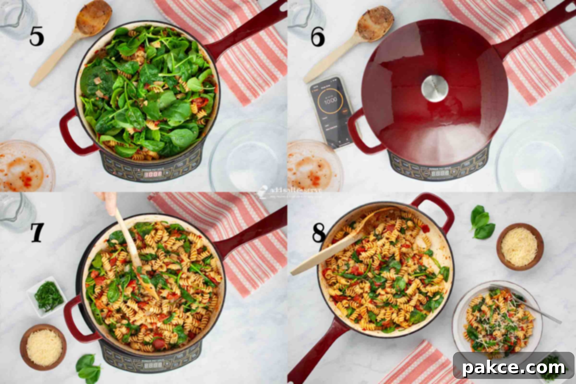 One-Pan Tomato Spinach Pasta 5 Composite image: 5 - skillet of cooked rotini, tomatoes, onion, garlic, salt, herbs, and chicken broth with fresh spinach added on top; 6 - skillet with a lid on it and timer set for ten minutes; 7 - skillet without lid after spinach has wilted; 8 - skillet of finished Tomato Spinach Pasta with a serving dished onto a plate and garnished with parmesan cheese and fresh basil strips.