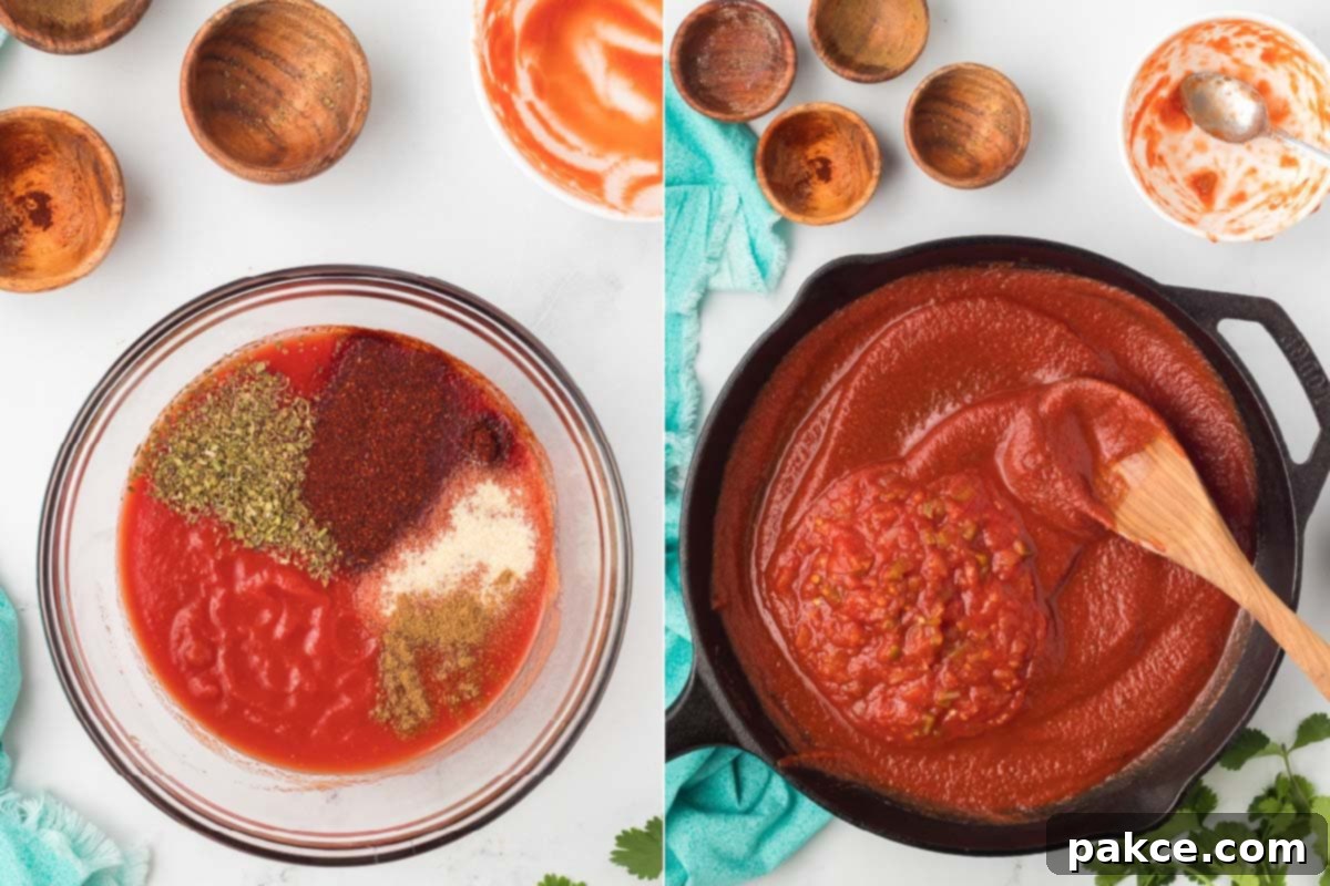 Fiesta Ravioli 4 Composite image showing two stages: Left side displays tomato sauce with seasonings on top in a glass bowl; right side shows the tomato sauce and seasonings mixed together in a cast iron skillet with salsa already added.