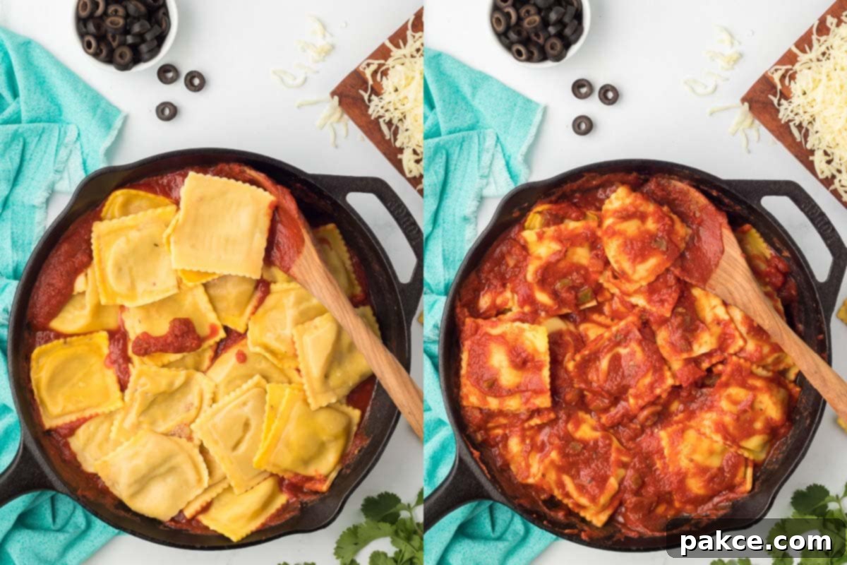 Fiesta Ravioli 5 Composite image showing two stages: Left side features cooked ravioli being added to the prepared red sauce in a cast iron skillet; right side displays the sauce and ravioli gently mixed together.
