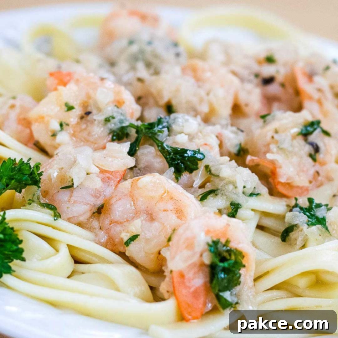 White plate with shrimp, minced garlic, and parsley on a bed of fettuccine