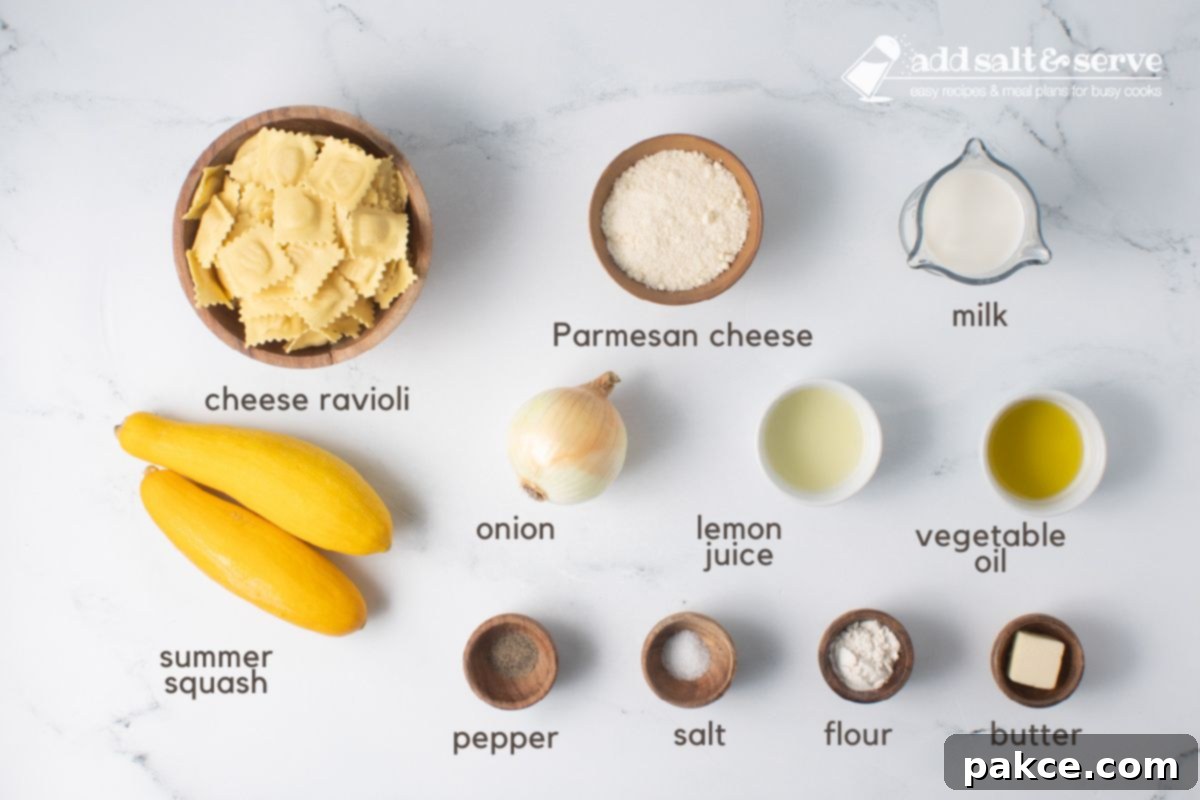 20-Minute Velvety Summer Squash Ravioli 3 Ingredients for Cheese Ravioli with Summer Squash: ravioli, yellow squash, onion, lemon juice, oil, milk, Parmesan cheese, salt, pepper, flour, and butter.