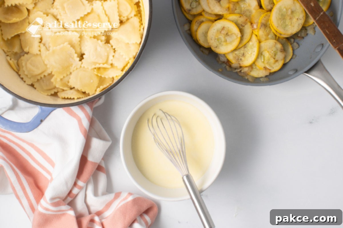 20-Minute Velvety Summer Squash Ravioli 7 A bowl with melted butter, milk, and flour mixed with a whisk, a pot of cooked cheese ravioli, and a skillet of sautéed yellow squash and onion.