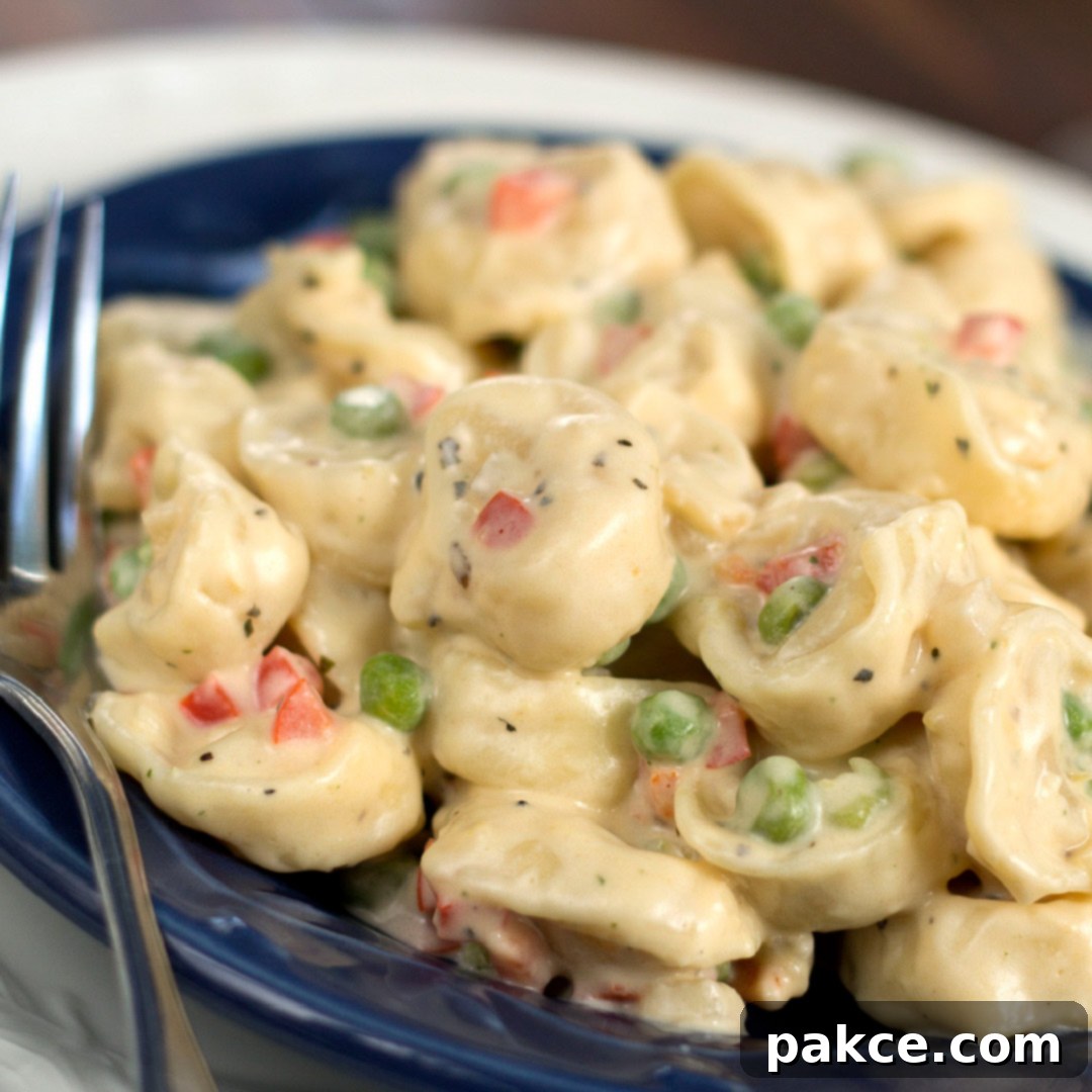 A blue plate with a fork and tortellini, peas, and diced bell peppers covered in cream sauce.