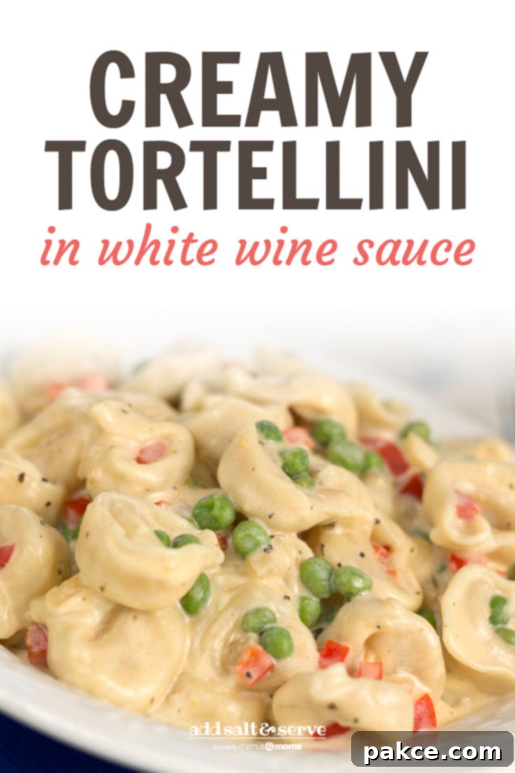 A white plate with tortellini, peas, and diced bell peppers covered in cream sauce. Text is Creamy Tortellini in White Wine Sauce - Add Salt & Serve logo