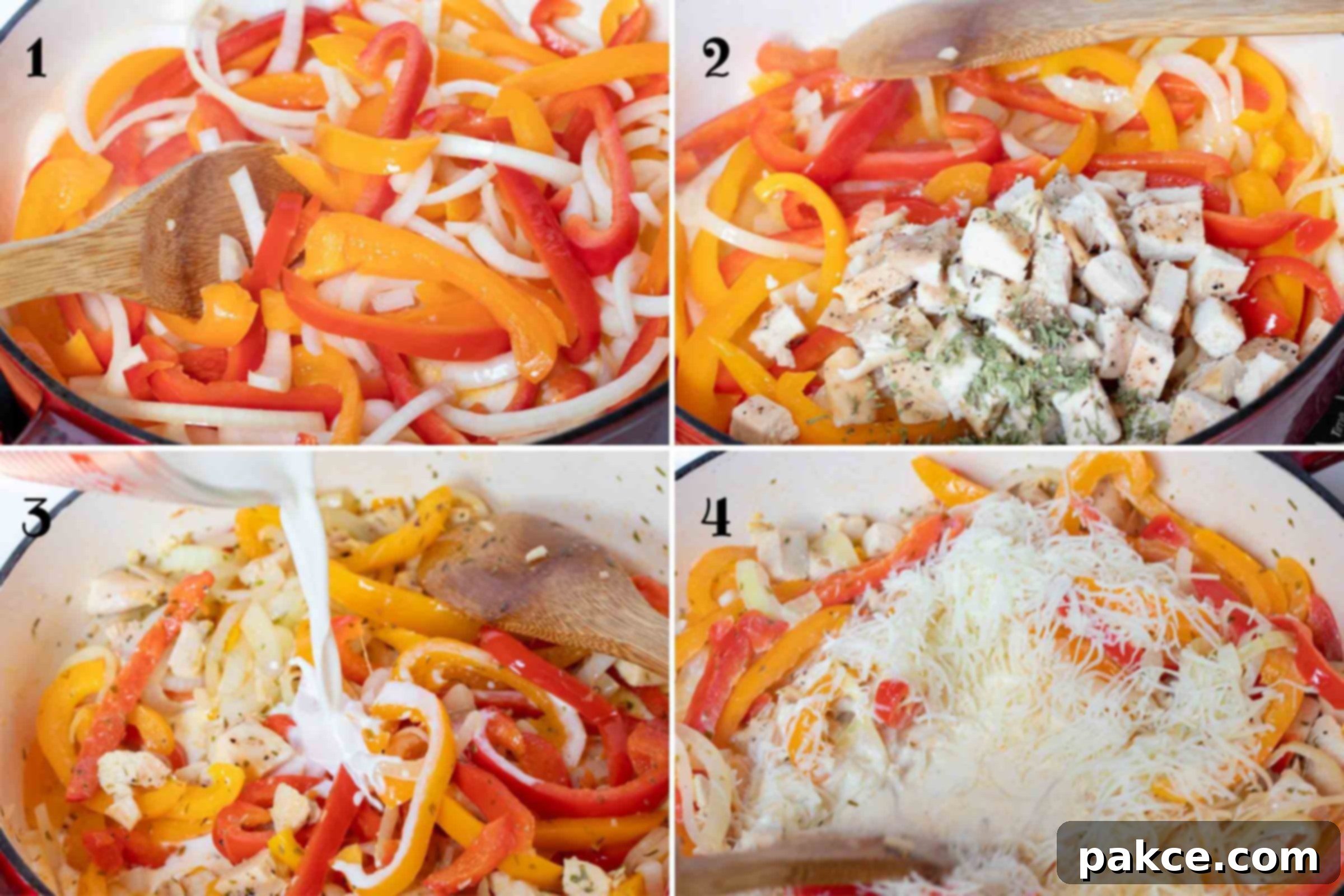 Chicken and Bell Pepper Pasta 2 A composite image showing four stages of cooking the chicken pepper pasta: 1) strips of onion and red and yellow bell peppers sautéing in a skillet; 2) cooked chicken and seasonings (tarragon, salt, pepper) added to the sautéed vegetables; 3) pouring half and half into the mixture to create the creamy base; 4) adding shredded white cheese (mozzarella and Parmesan) to the creamy mixture to melt.